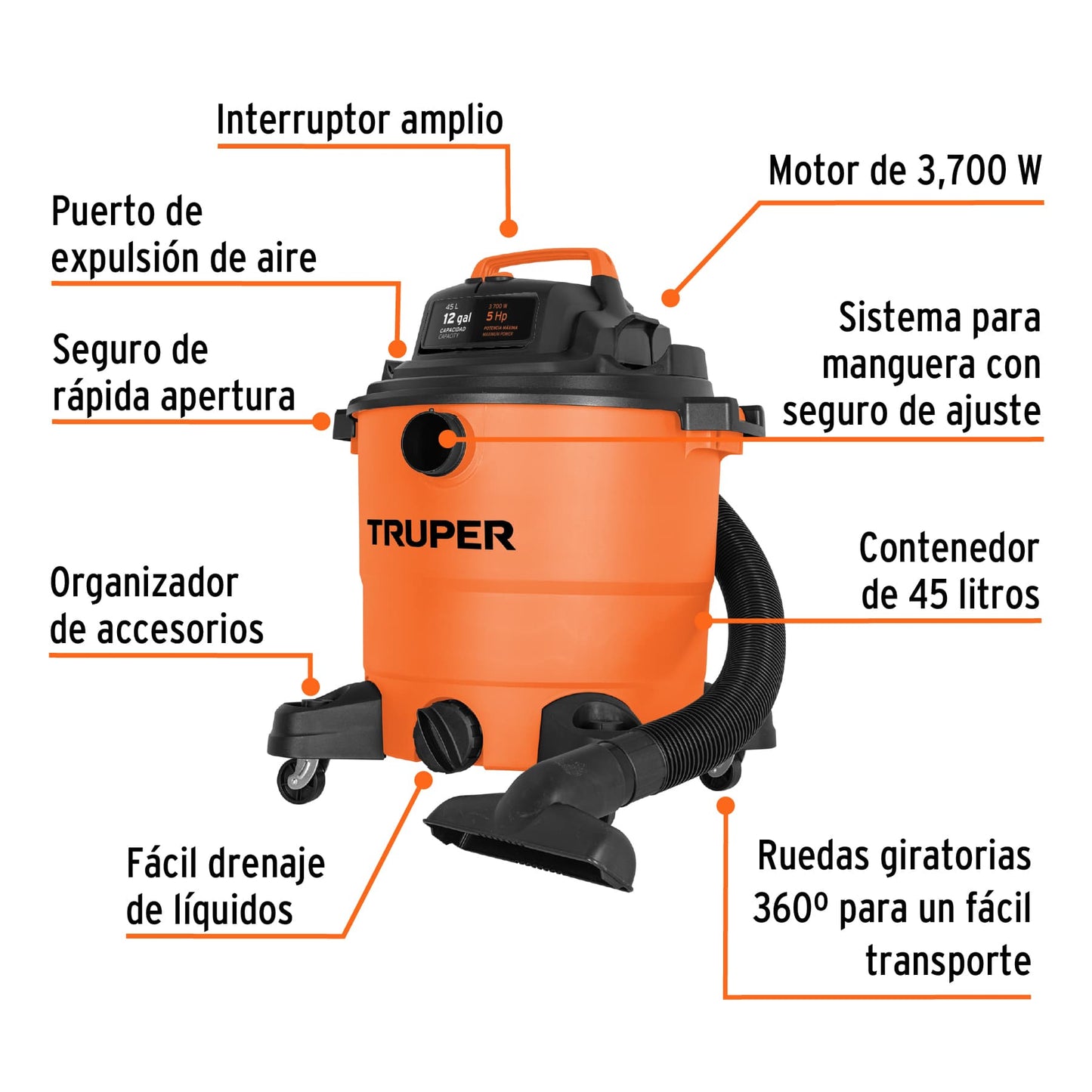 Aspiradora de sólidos y líquidos. 12 gal. plástica. Truper