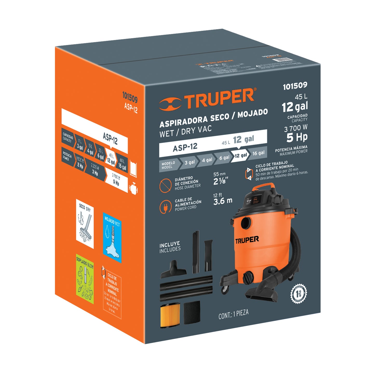 Aspiradora de sólidos y líquidos. 12 gal. plástica. Truper
