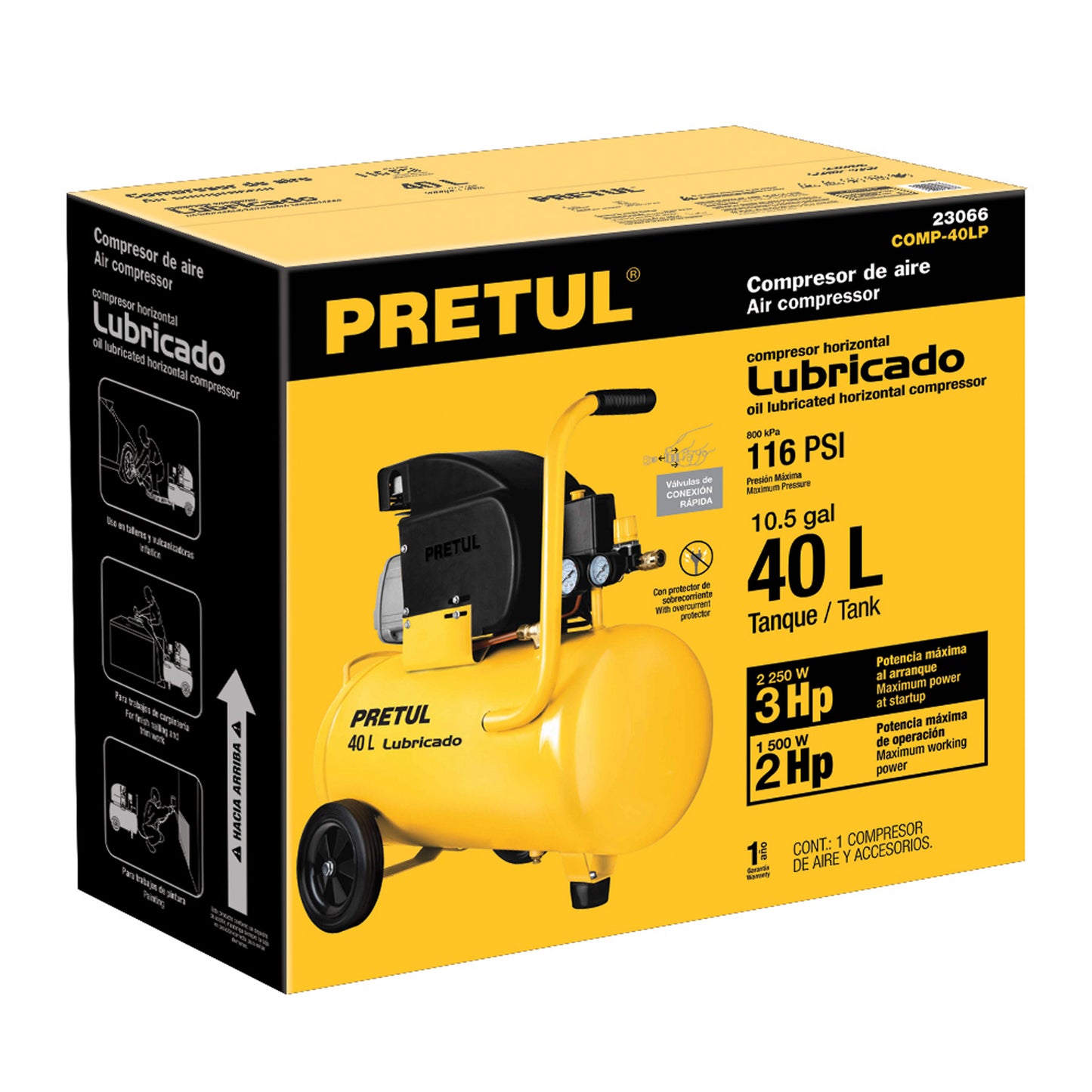 Compresor lubricado. 40L. 3HP. horizontal. 127V. PRETUL