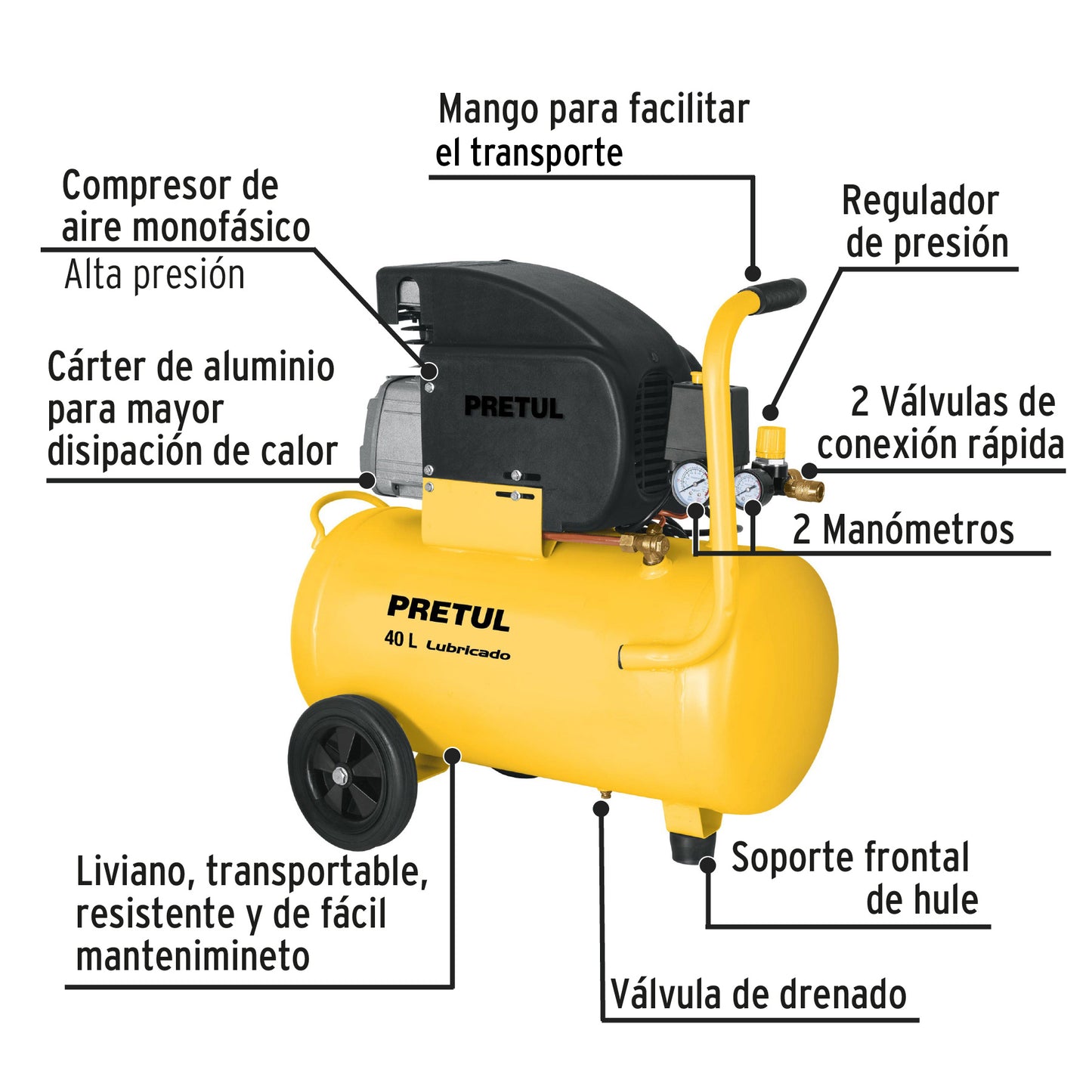 Compresor lubricado. 40L. 3HP. horizontal. 127V. PRETUL