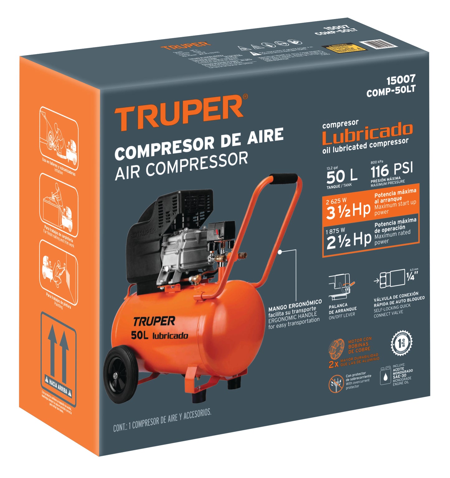 Compresor lubricado. 50L. 3-1/2HP. horizontal. 127V. TRUPER