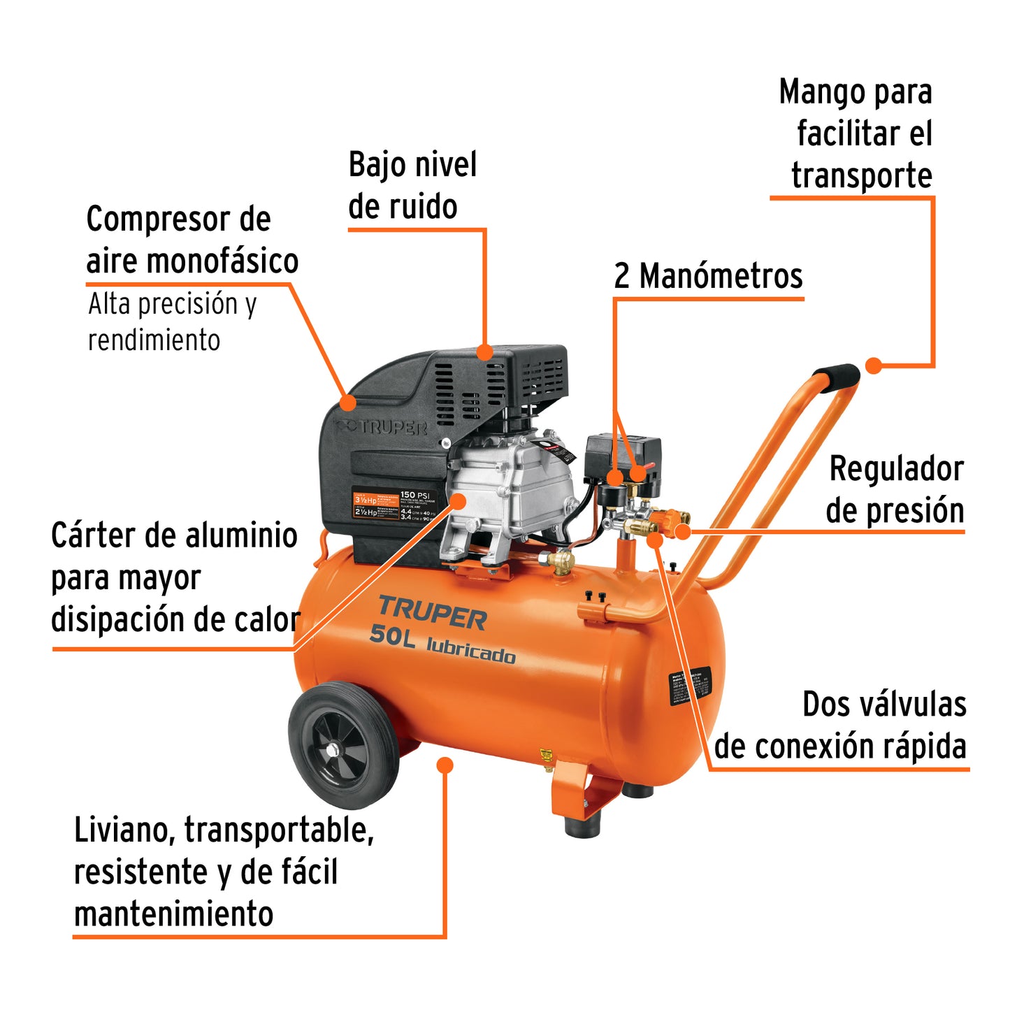 Compresor lubricado. 50L. 3-1/2HP. horizontal. 127V. TRUPER
