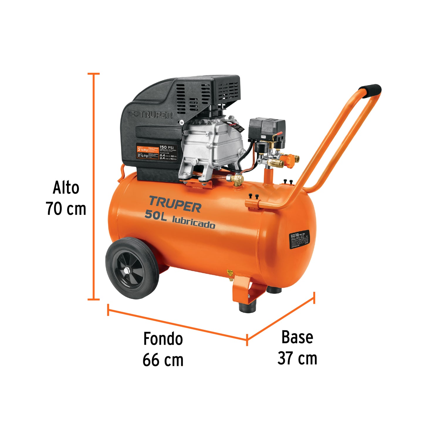 Compresor lubricado. 50L. 3-1/2HP. horizontal. 127V. TRUPER