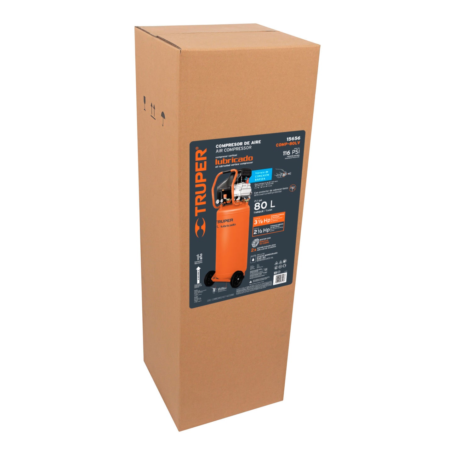 Compresor lubricado. 80L. 3-1/2HP. vertical. 127V. TRUPER