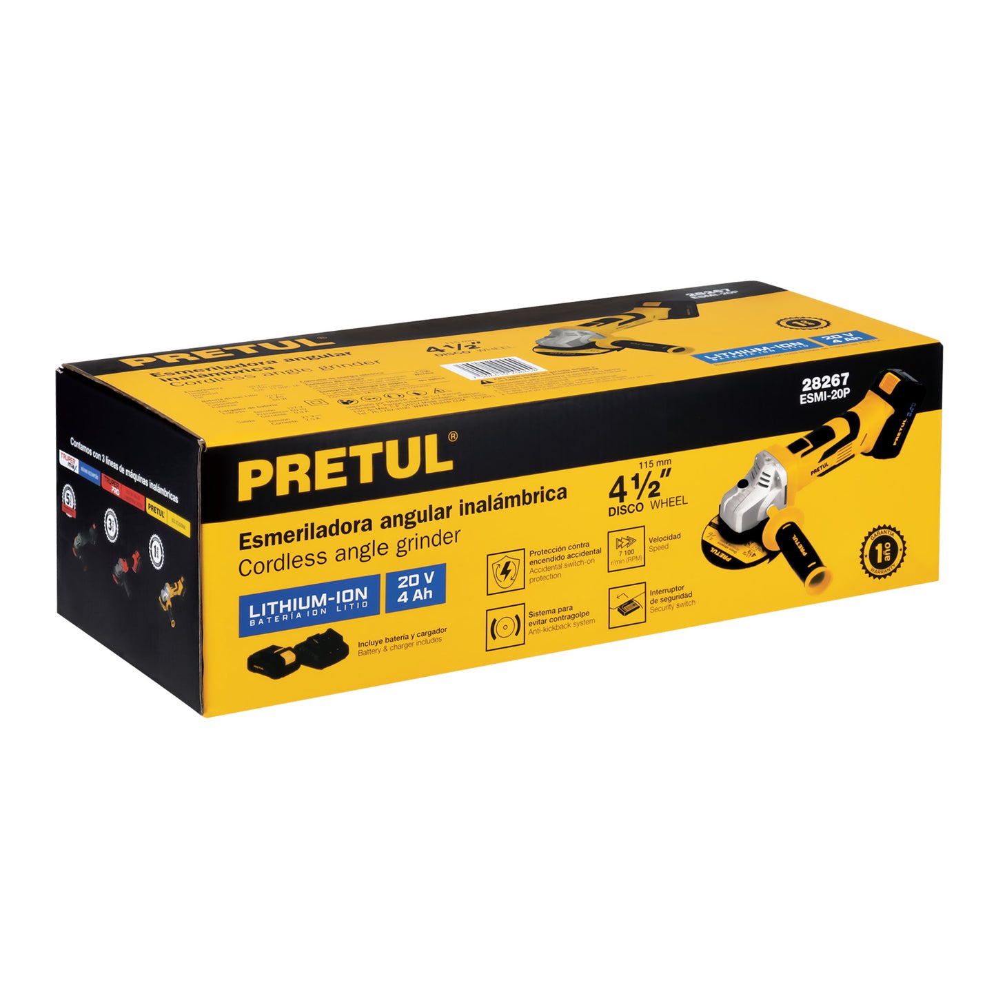 Esmeriladora 4-1/2". 20V. 1 batería 4Ah. PRETUL