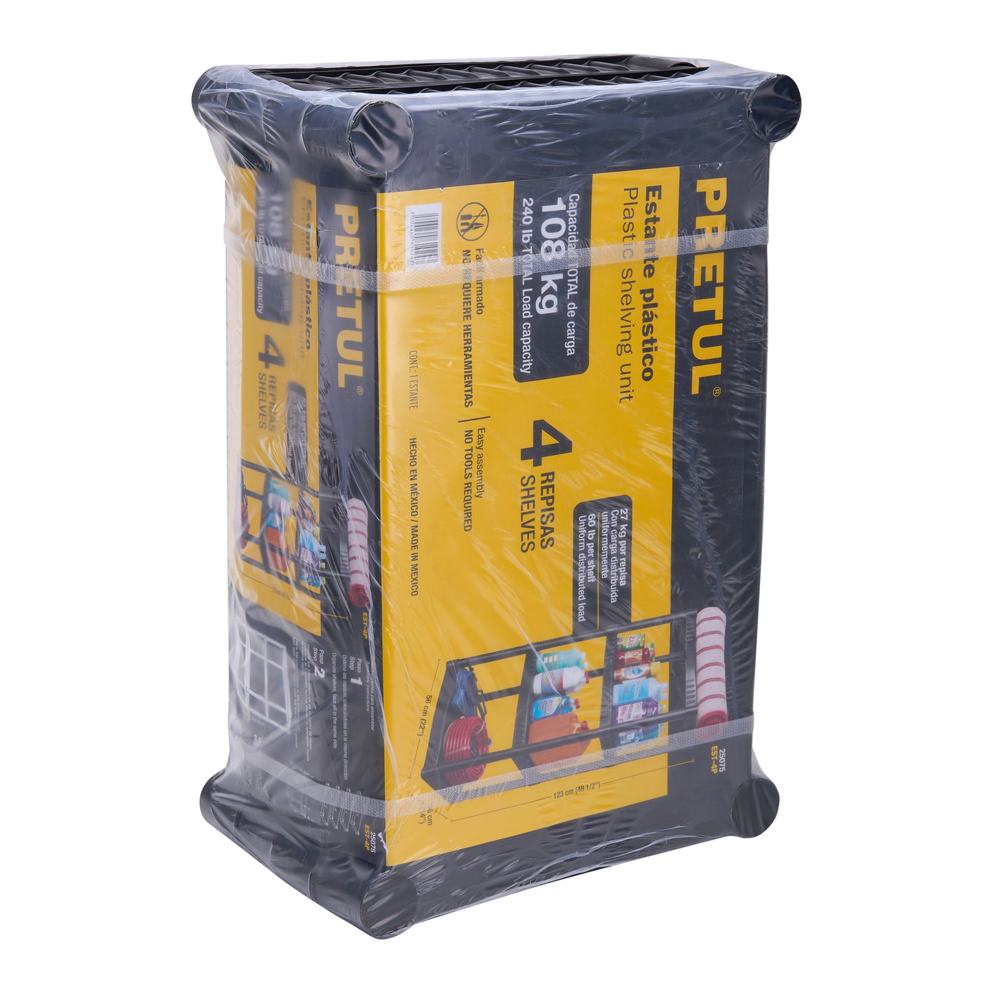 Estante plástico 4 repisas cap. 27 Kg. 123x36x56. PRETUL