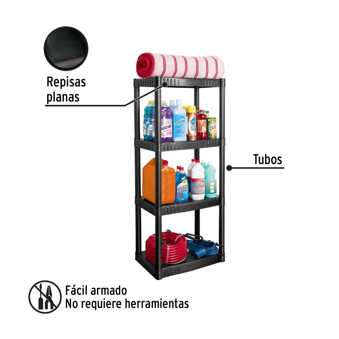 Estante plástico 4 repisas cap. 27 Kg. 123x36x56. PRETUL