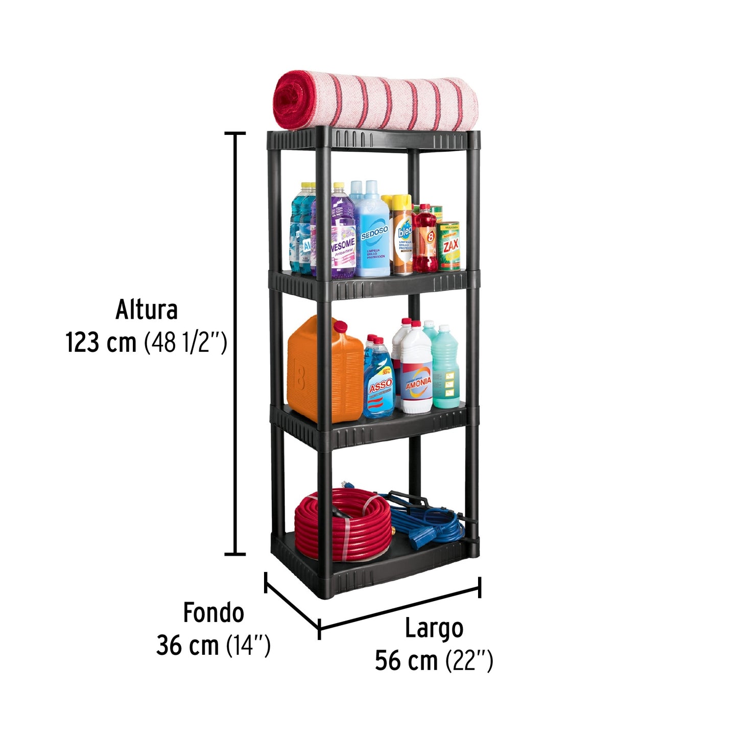 Estante plástico 4 repisas cap. 27 Kg. 123x36x56. PRETUL