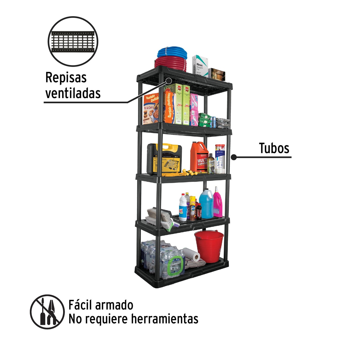 Estante plástico 5 repisas cap. 35 Kg. 180x44x92. PRETUL