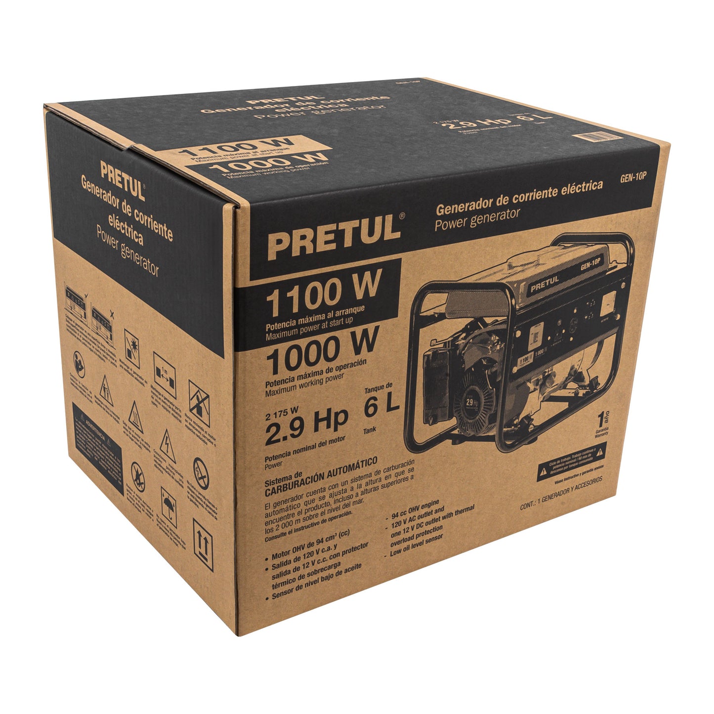 Generador portátil 1 kW motor a gasolina. PRETUL