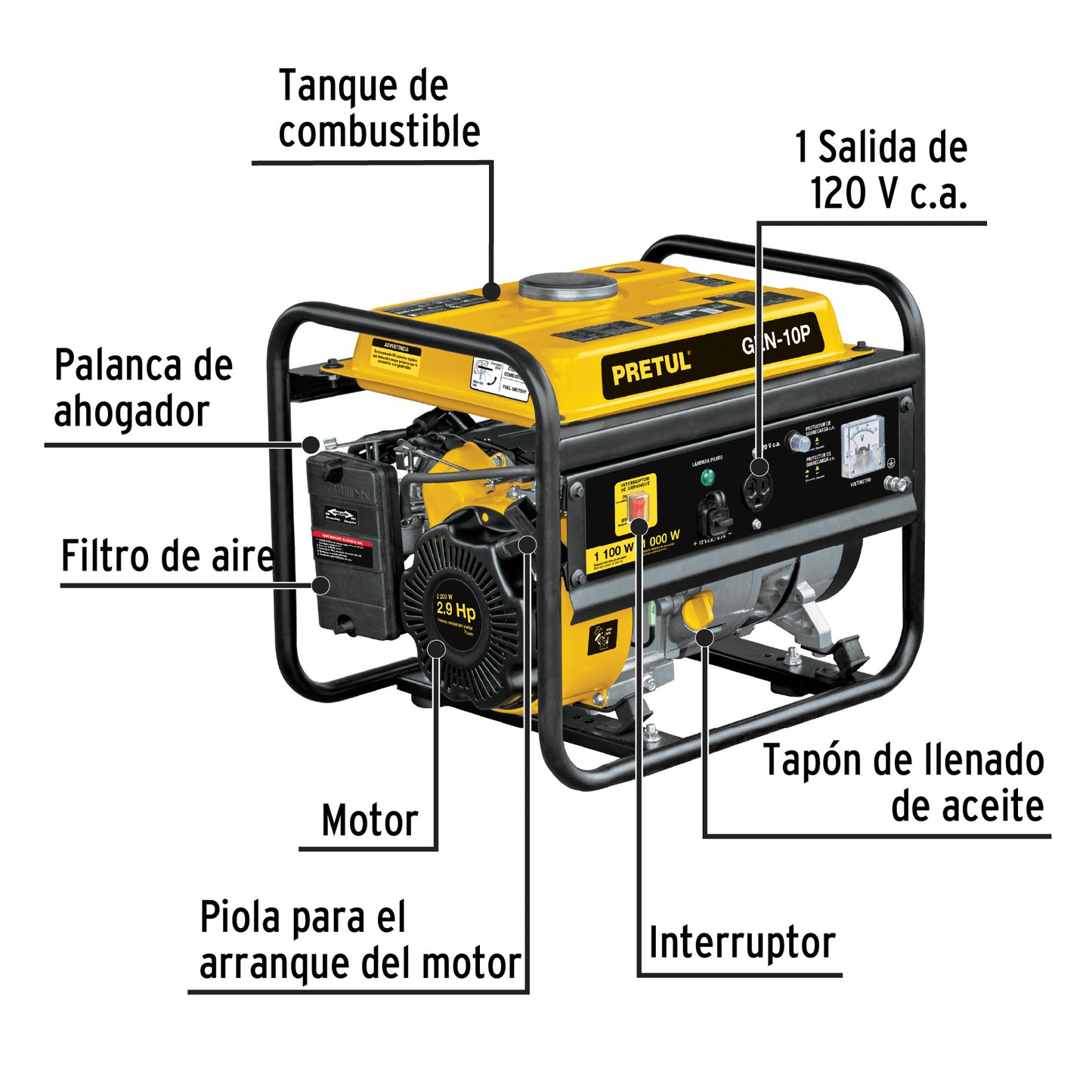 Generador portátil 1 kW motor a gasolina. PRETUL