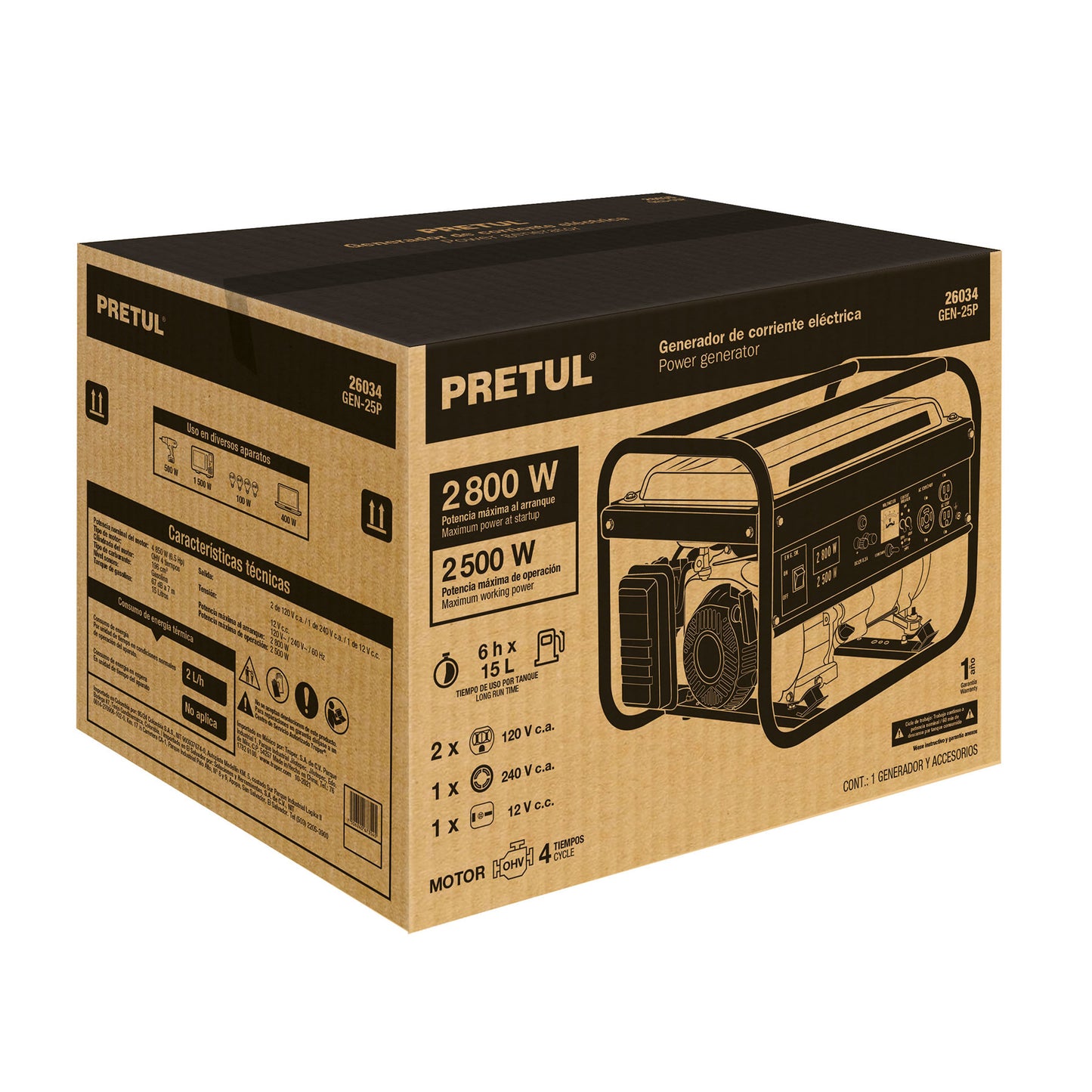 Generador portátil 2.5 kW motor a gasolina. PRETUL