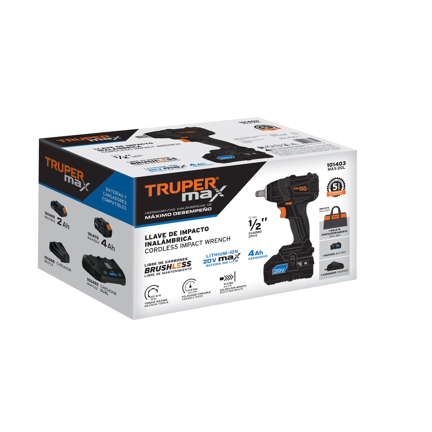 Llave de impacto 1/2". 20V. 155 lb/ft. 1 batería 4Ah. MAX