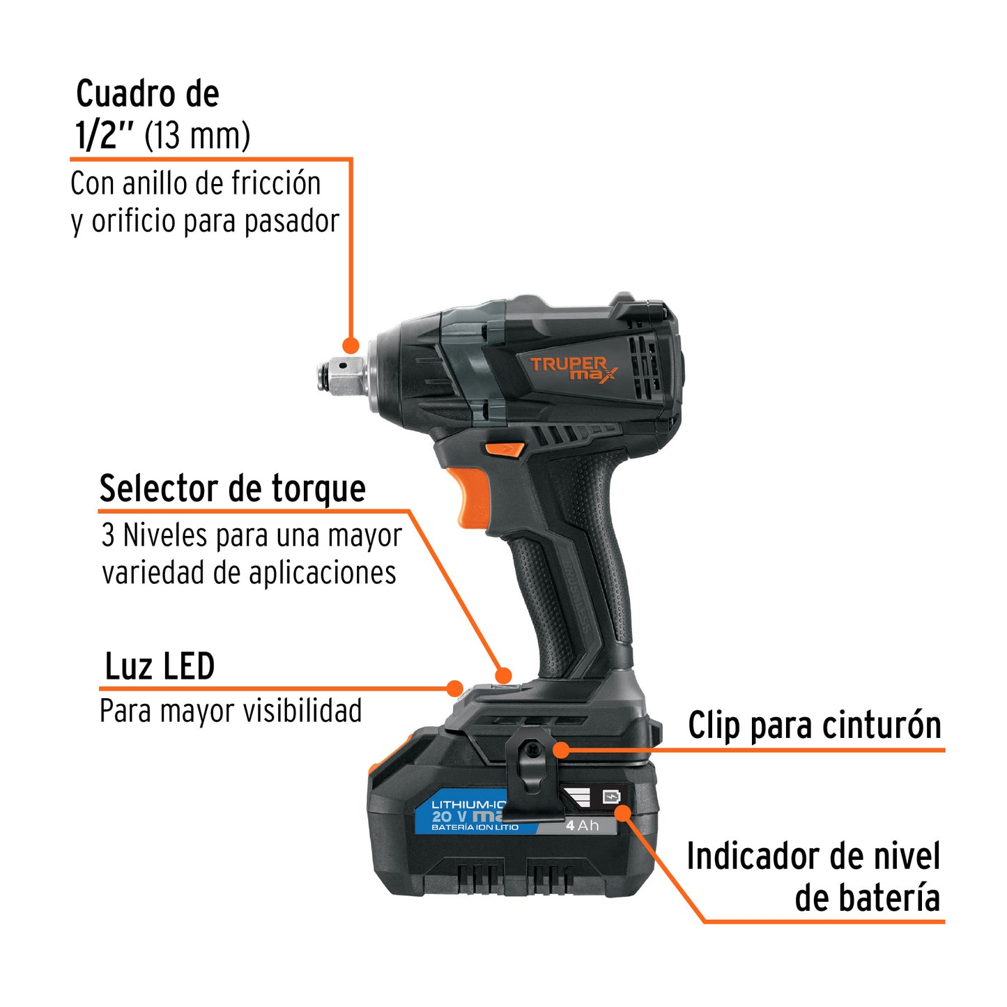 Llave de impacto 1/2". 20V. 155 lb/ft. 1 batería 4Ah. MAX