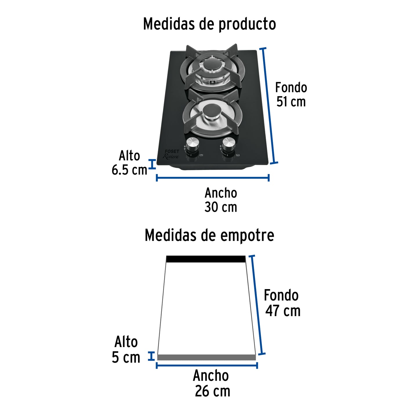 Parrilla gas empotrable 30cm. 2 quem. vidrio negro. Riviera