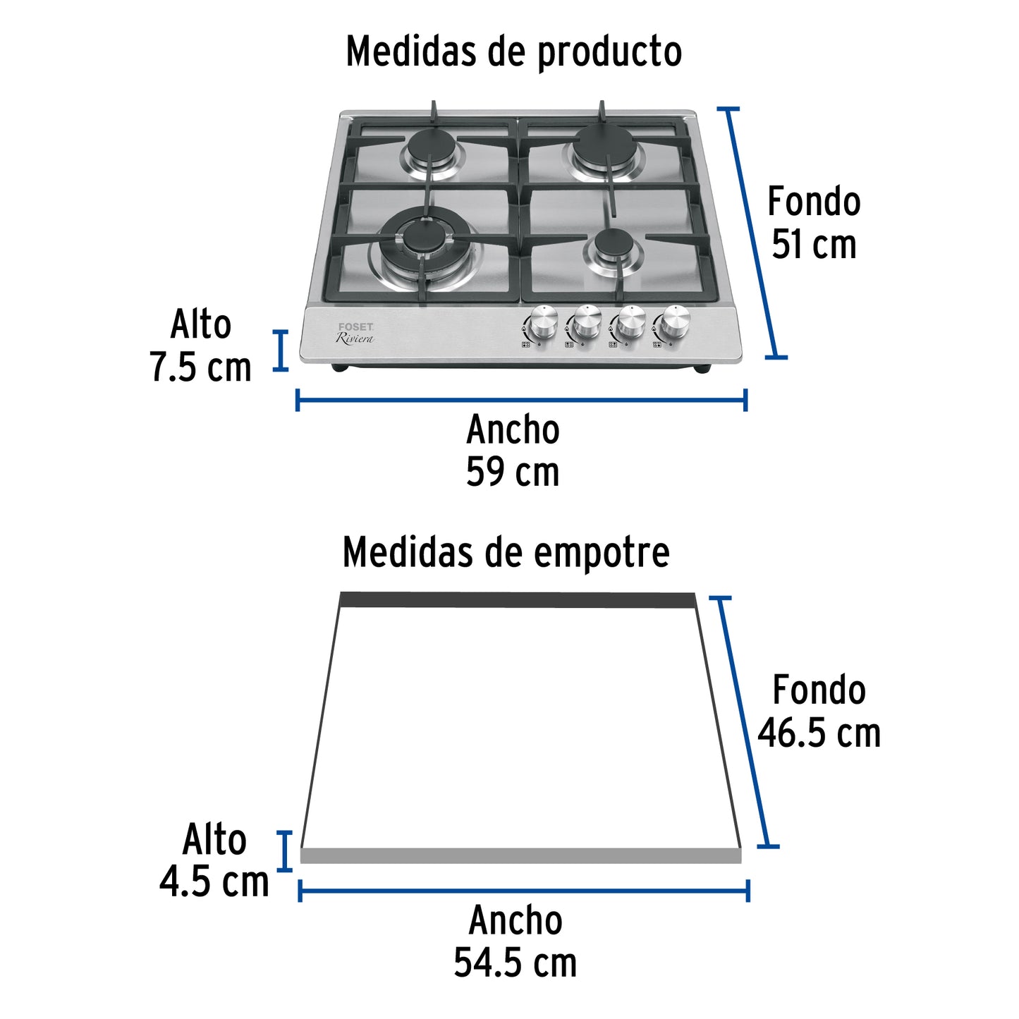 Parrilla gas empotrable 60cm. 4 quem. acero inox. Riviera