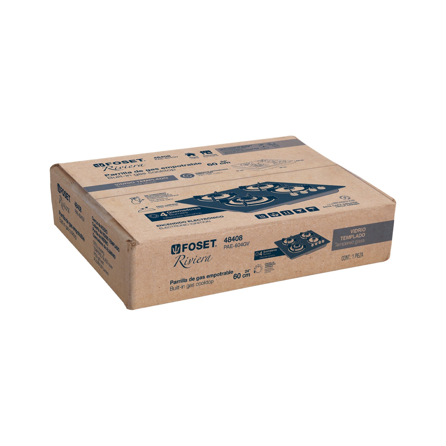 Parrilla gas empotrable 60cm. 4 quem. vidrio negro. Riviera