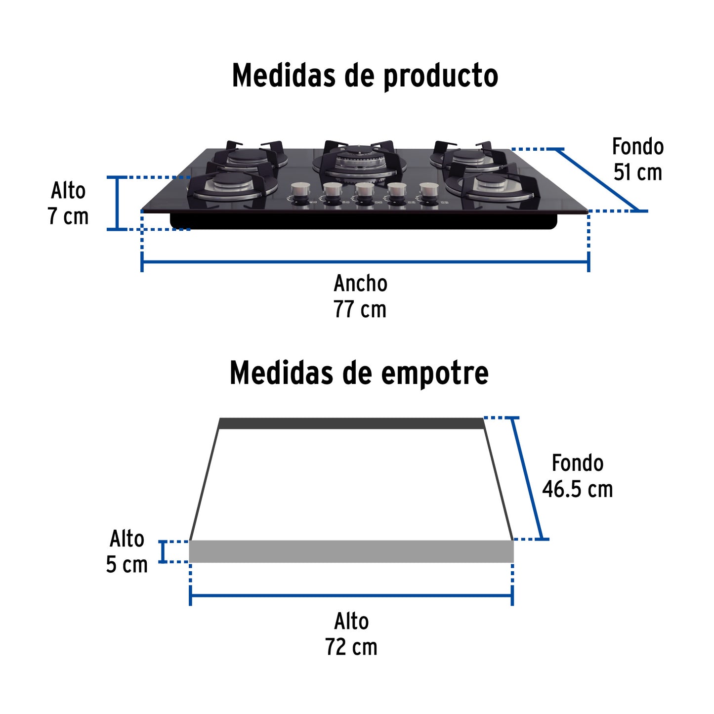 Parrilla gas empotrable 75cm. 5 quem. vidrio negro. Riviera