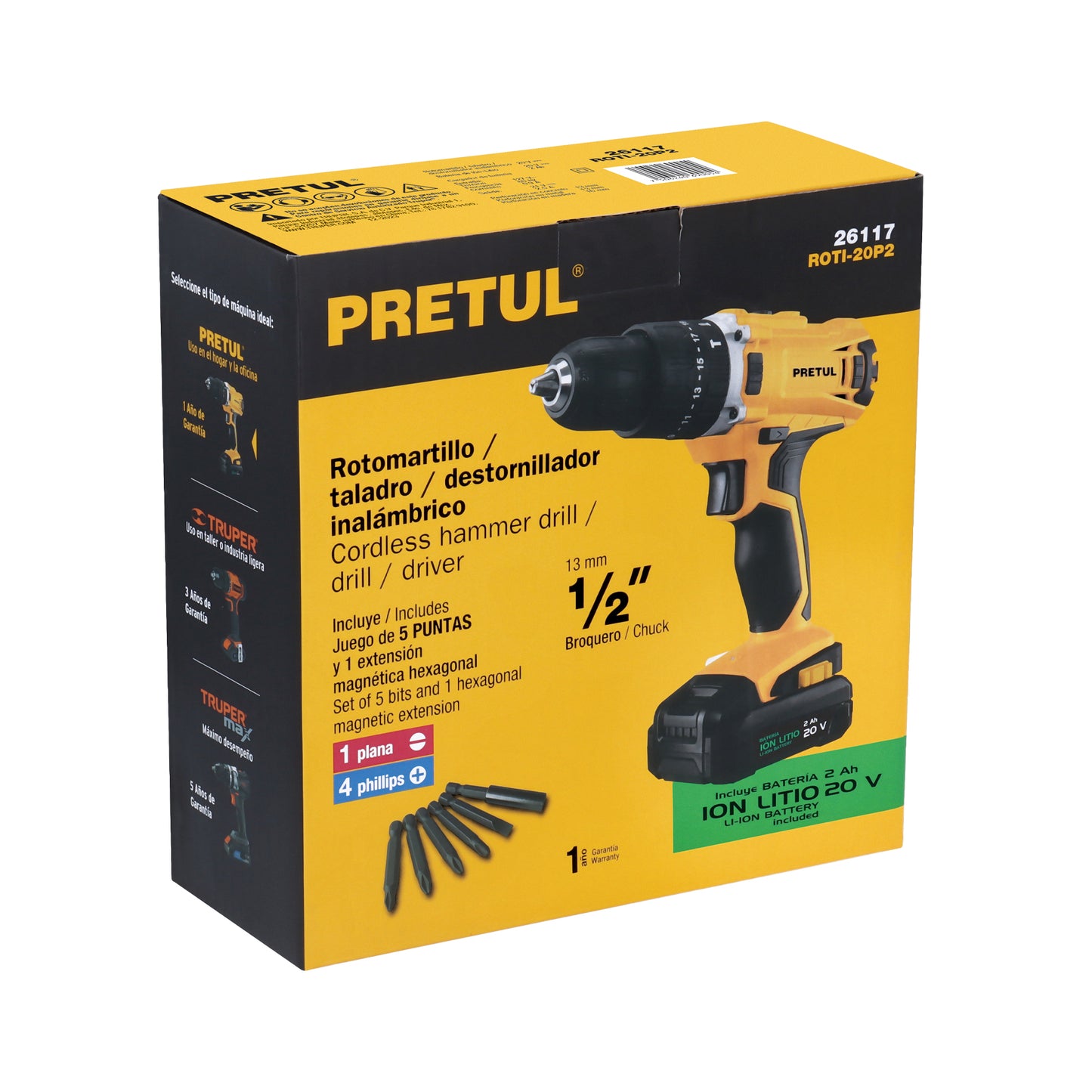 Rotomartillo 1/2". 20V. 1 batería 2Ah. PRETUL