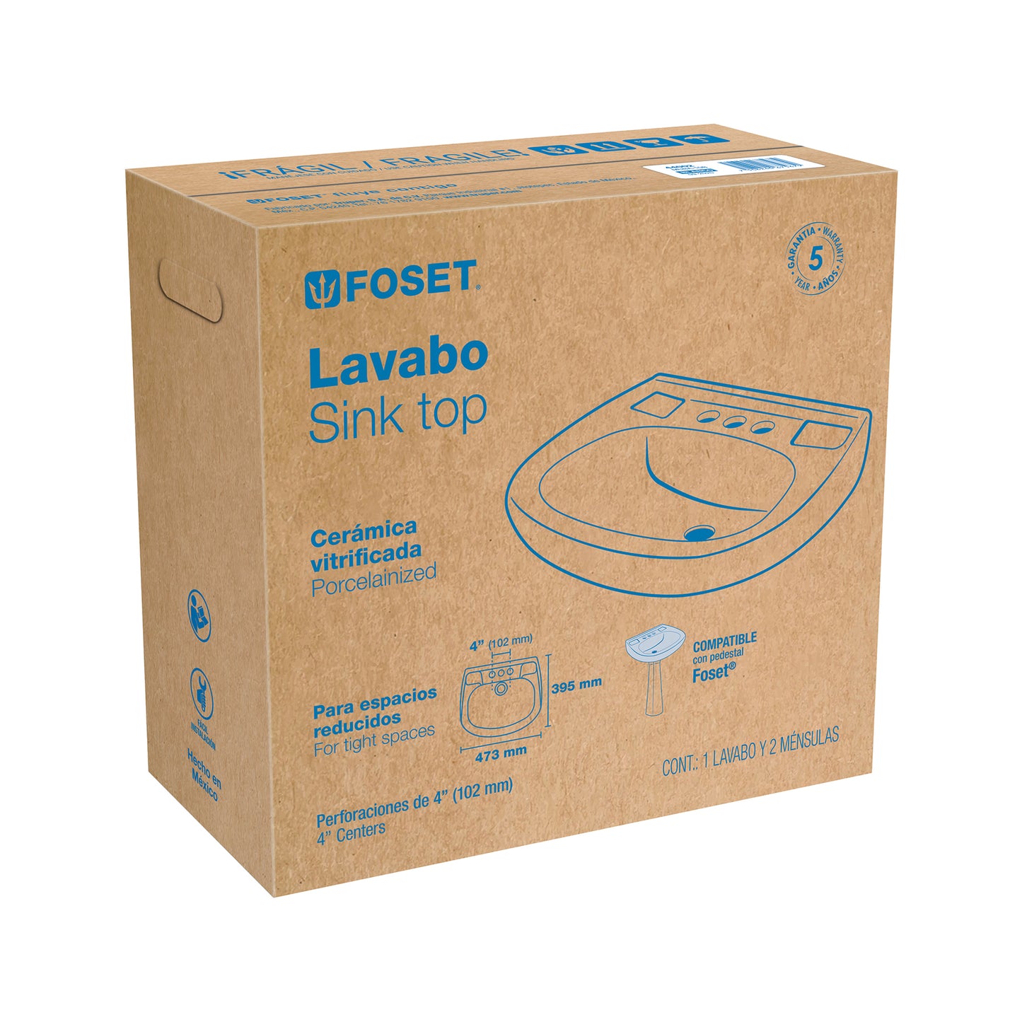 Lavabo cerámico con rebosadero. blanco. FOSET
