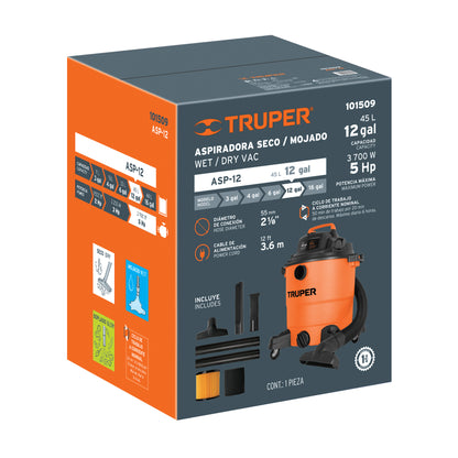 Aspiradora de sólidos y líquidos. 12 gal. plástica. Truper