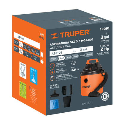 Aspiradora de sólidos y líquidos. 3 gal. plástica. Truper