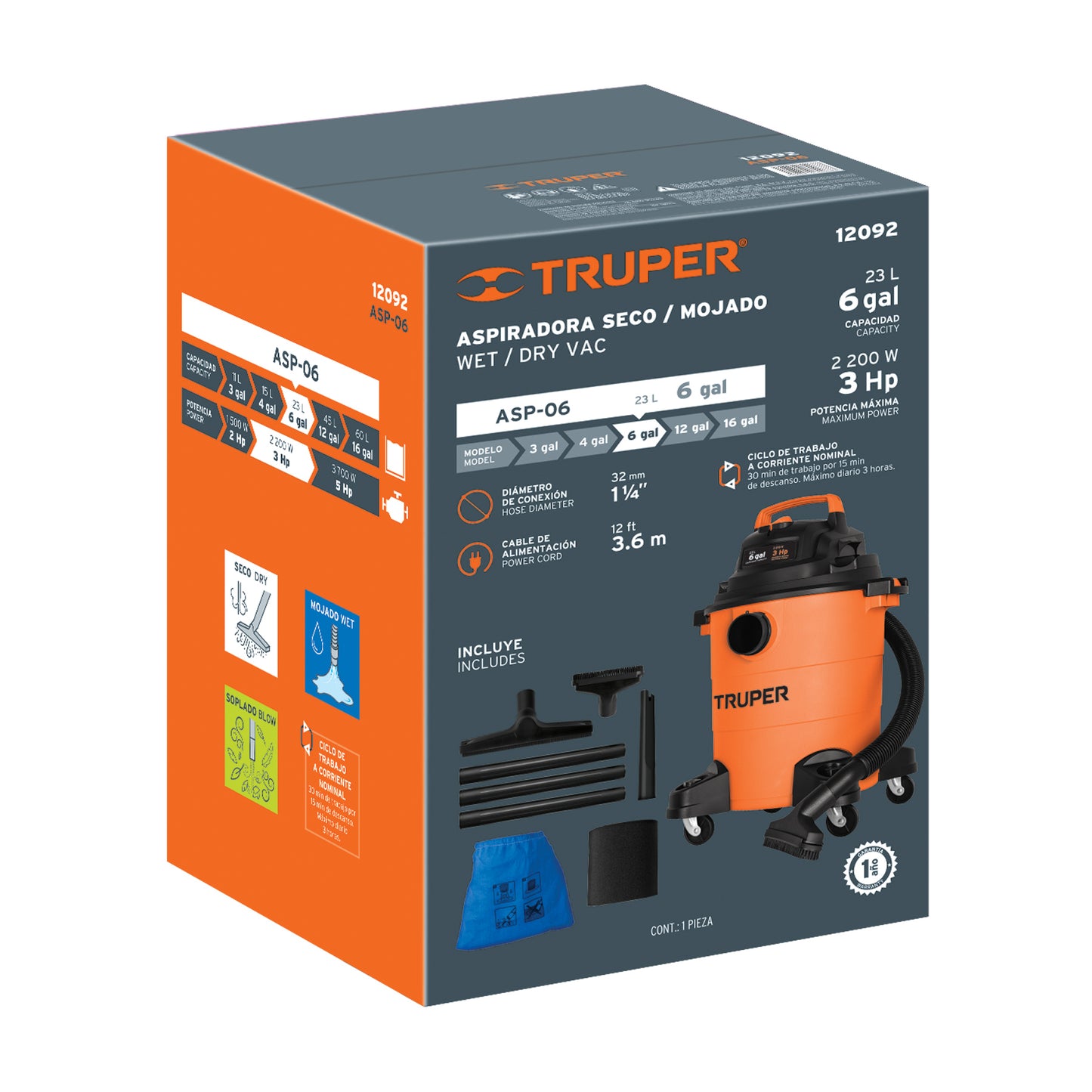 Aspiradora de sólidos y líquidos. 6 gal. plástica. Truper