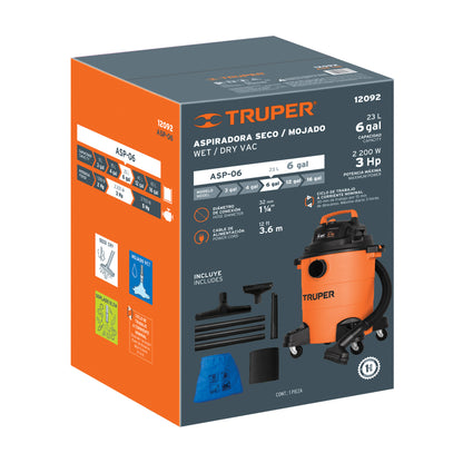 Aspiradora de sólidos y líquidos. 6 gal. plástica. Truper