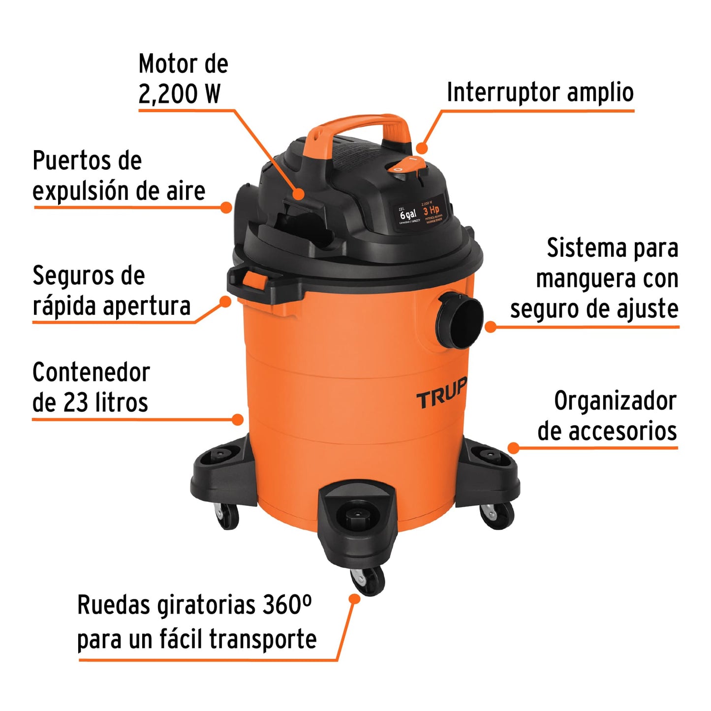 Aspiradora de sólidos y líquidos. 6 gal. plástica. Truper