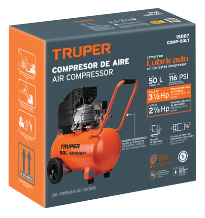 Compresor lubricado. 50L. 3-1/2HP. horizontal. 127V. TRUPER