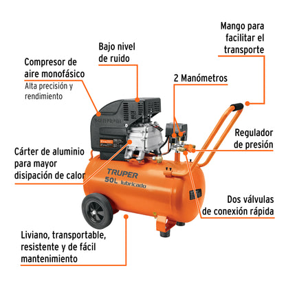 Compresor lubricado. 50L. 3-1/2HP. horizontal. 127V. TRUPER