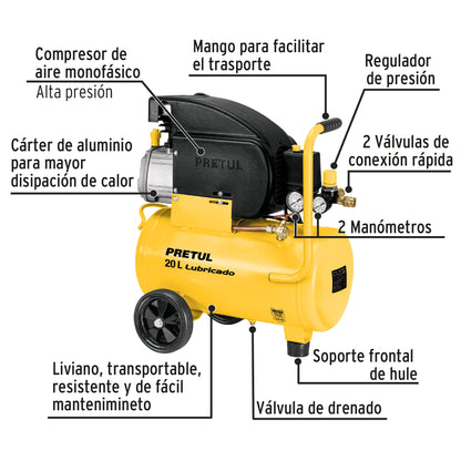 Kit Compresor lub. 20L. manguera y pistola grav.127V. TRUPER
