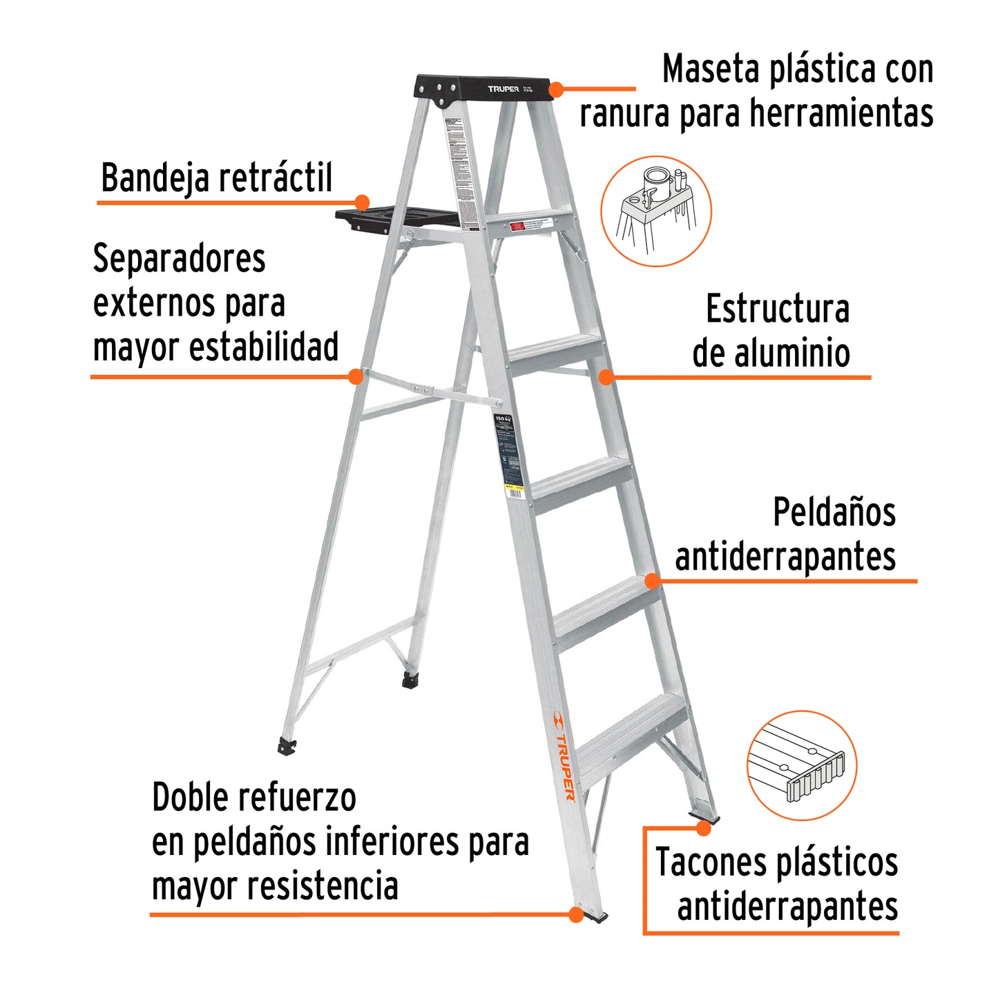 Escalera de tijera tipo III 5 escalones y bandeja. Truper