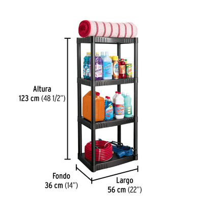 Estante plástico 4 repisas cap. 27 Kg. 123x36x56. PRETUL