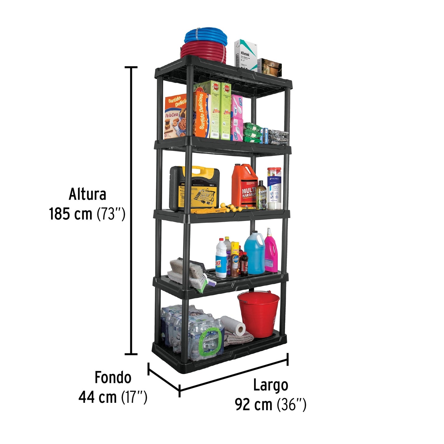 Estante plástico 5 repisas cap. 35 Kg. 180x44x92. PRETUL