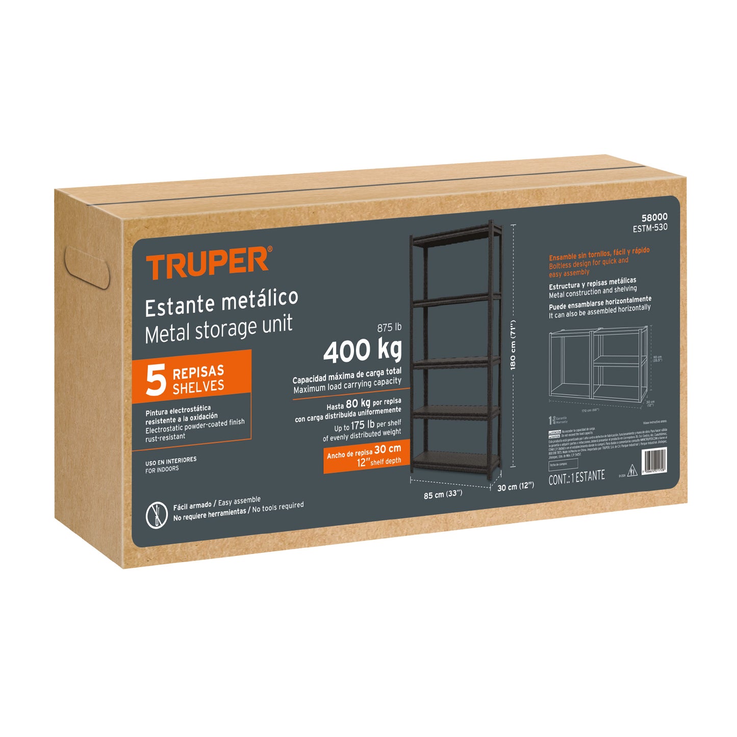 Estante metálico 5 repisas capacidad 80 Kg.180x30x85. TRUPER