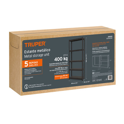 Estante metálico 5 repisas capacidad 80 Kg.180x30x85. TRUPER