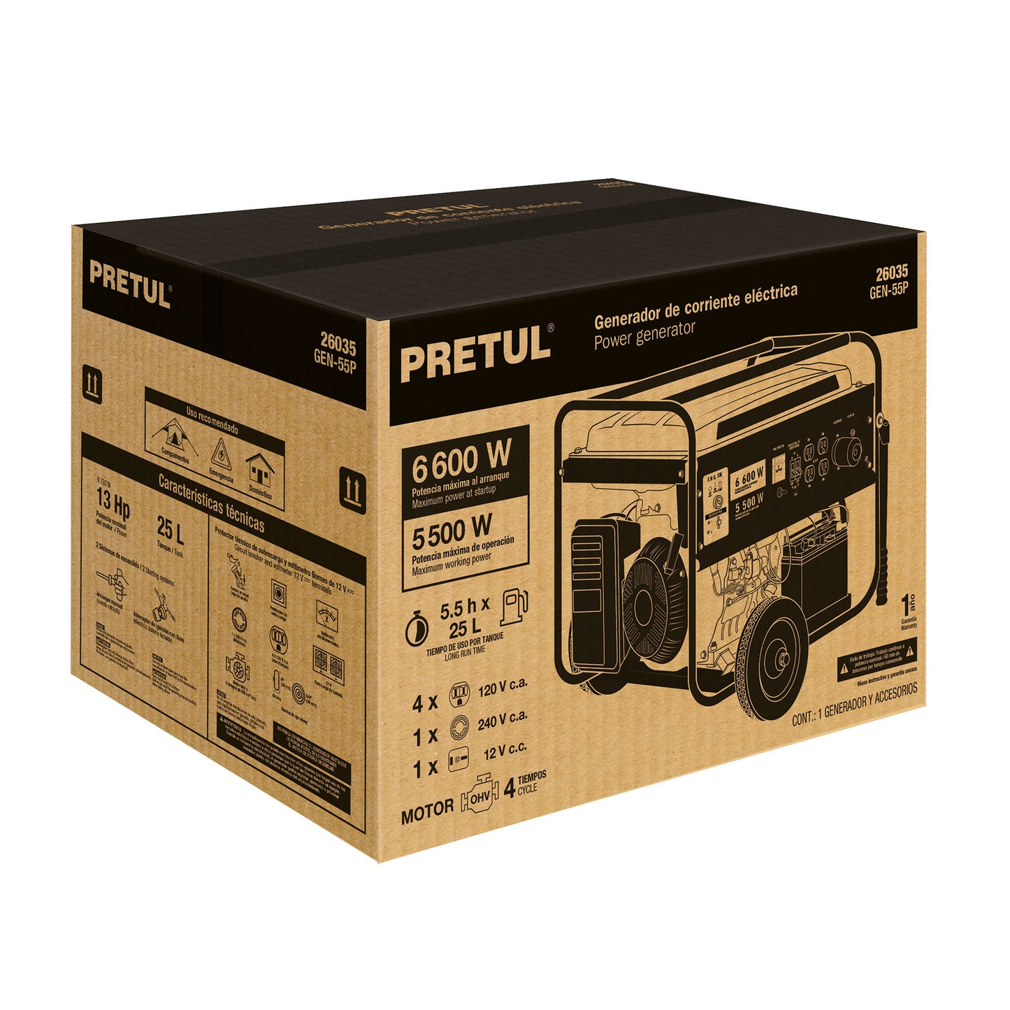 Generador portátil 5.5 kW motor a gasolina, PRETUL