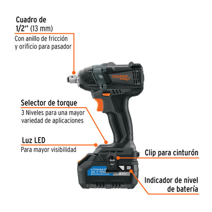 Llave de impacto 1/2". 20V. 155 lb/ft. 1 batería 4Ah. MAX