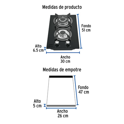 Parrilla gas empotrable 30cm. 2 quem. vidrio negro. Riviera