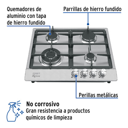 Parrilla gas empotrable 60cm. 4 quem. acero inox. Riviera