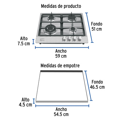 Parrilla gas empotrable 60cm. 4 quem. acero inox. Riviera