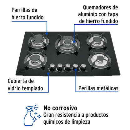 Parrilla gas empotrable 75cm. 5 quem. vidrio negro. Riviera