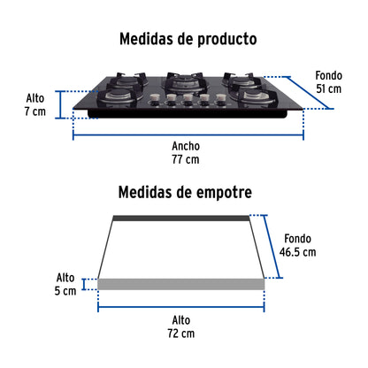 Parrilla gas empotrable 75cm. 5 quem. vidrio negro. Riviera