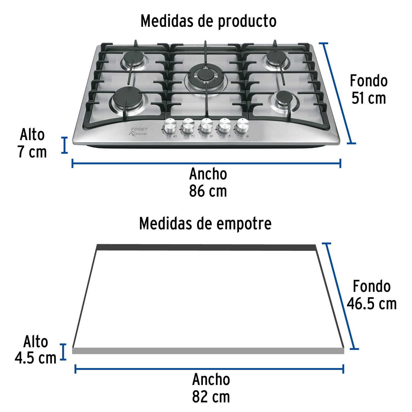 Parrilla gas empotrable 90cm. 5 quem. acero inox. Riviera