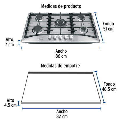 Parrilla gas empotrable 90cm. 5 quem. acero inox. Riviera