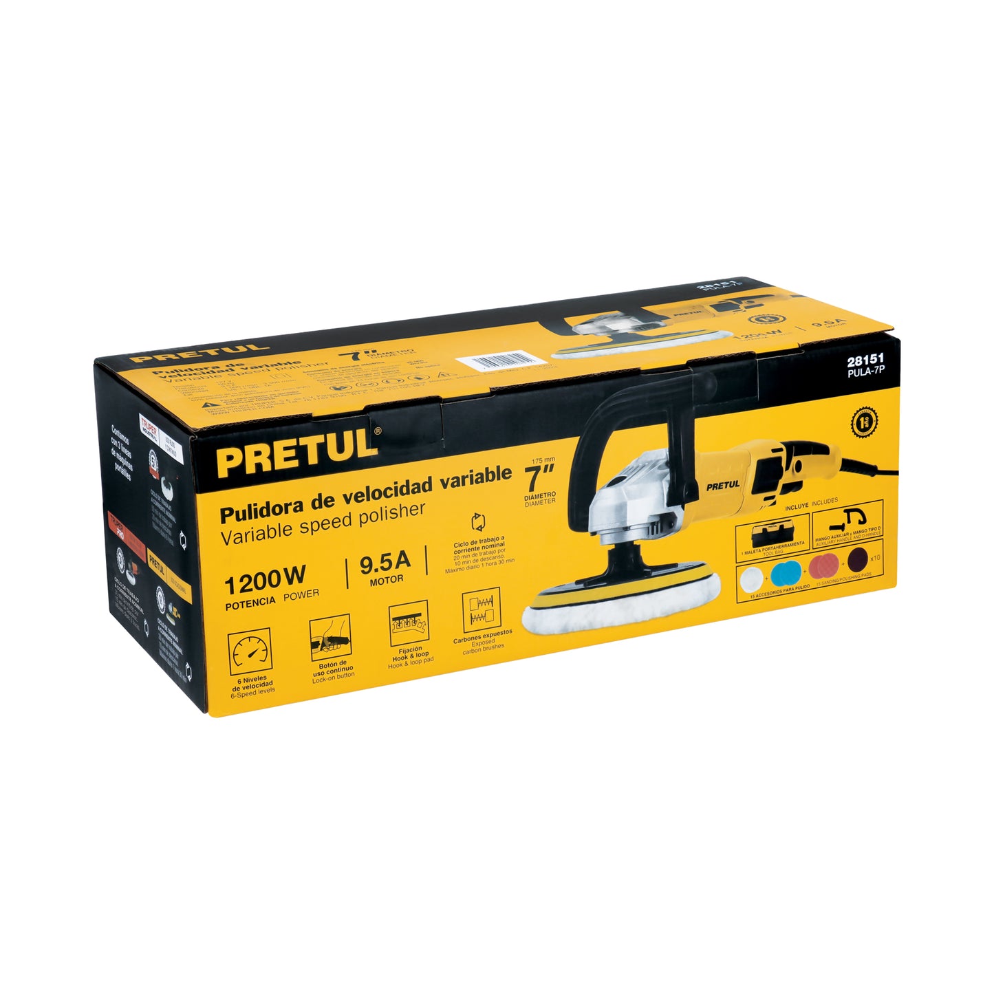 Pulidora velocidad variable 7" 1200W. c/accesorios. PRETUL