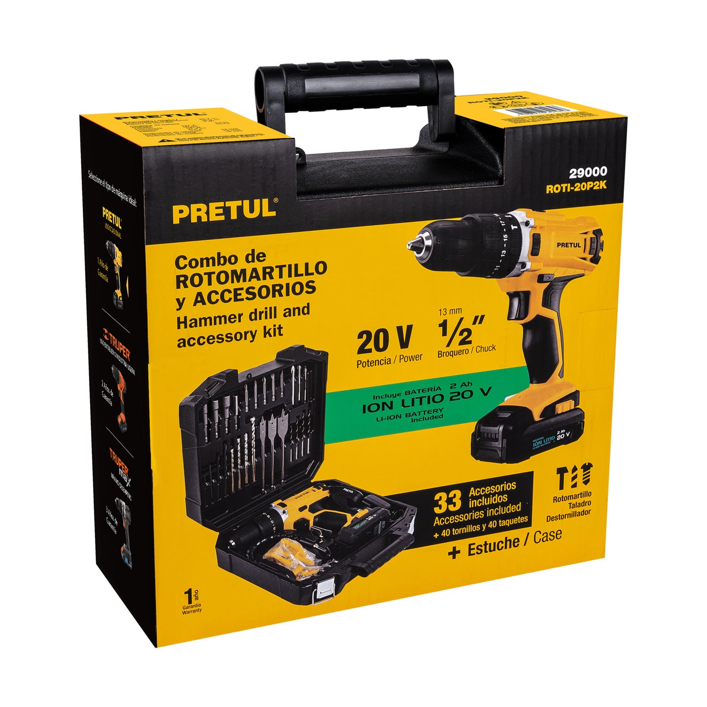 Kit rotomartillo 1/2". 20V. 32 accesorios. PRETUL
