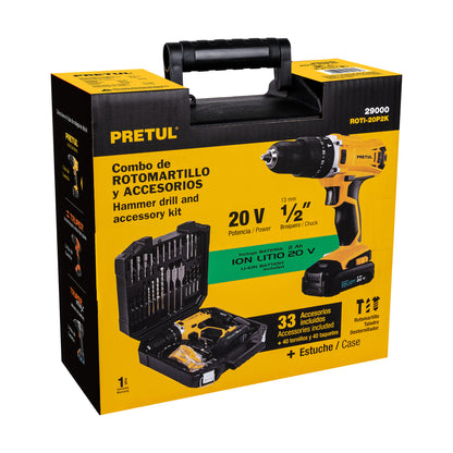 Kit rotomartillo 1/2". 20V. 32 accesorios. PRETUL