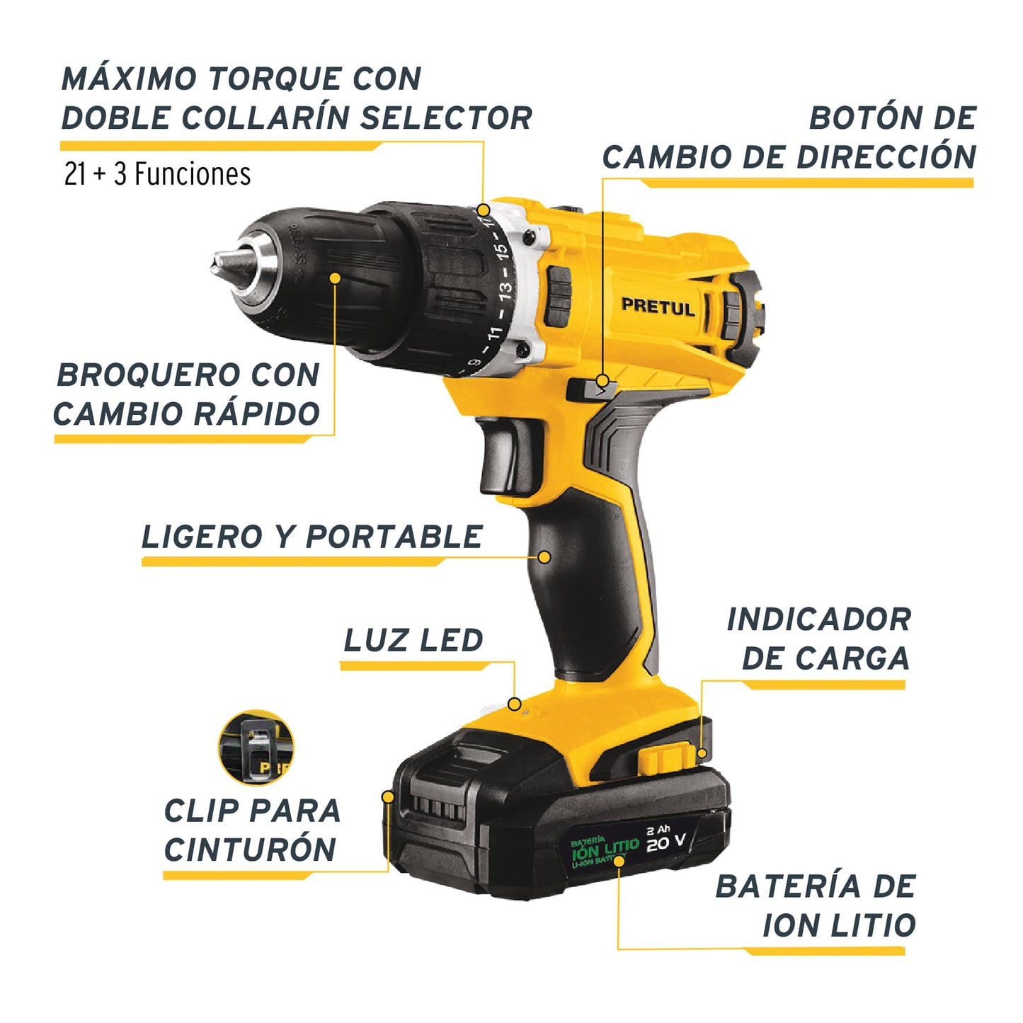 Taladro 3/8". 12V. 1 batería 2Ah. PRETUL